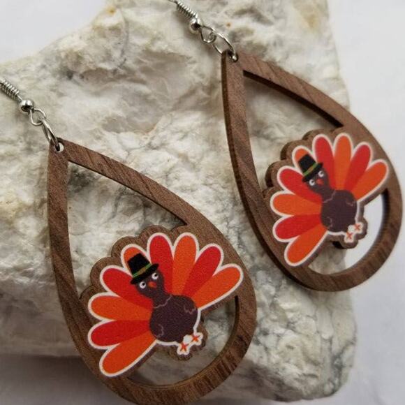 Fall Thanksgiving Turkey Wood Teardrop Earrings - Picture 2 of 2